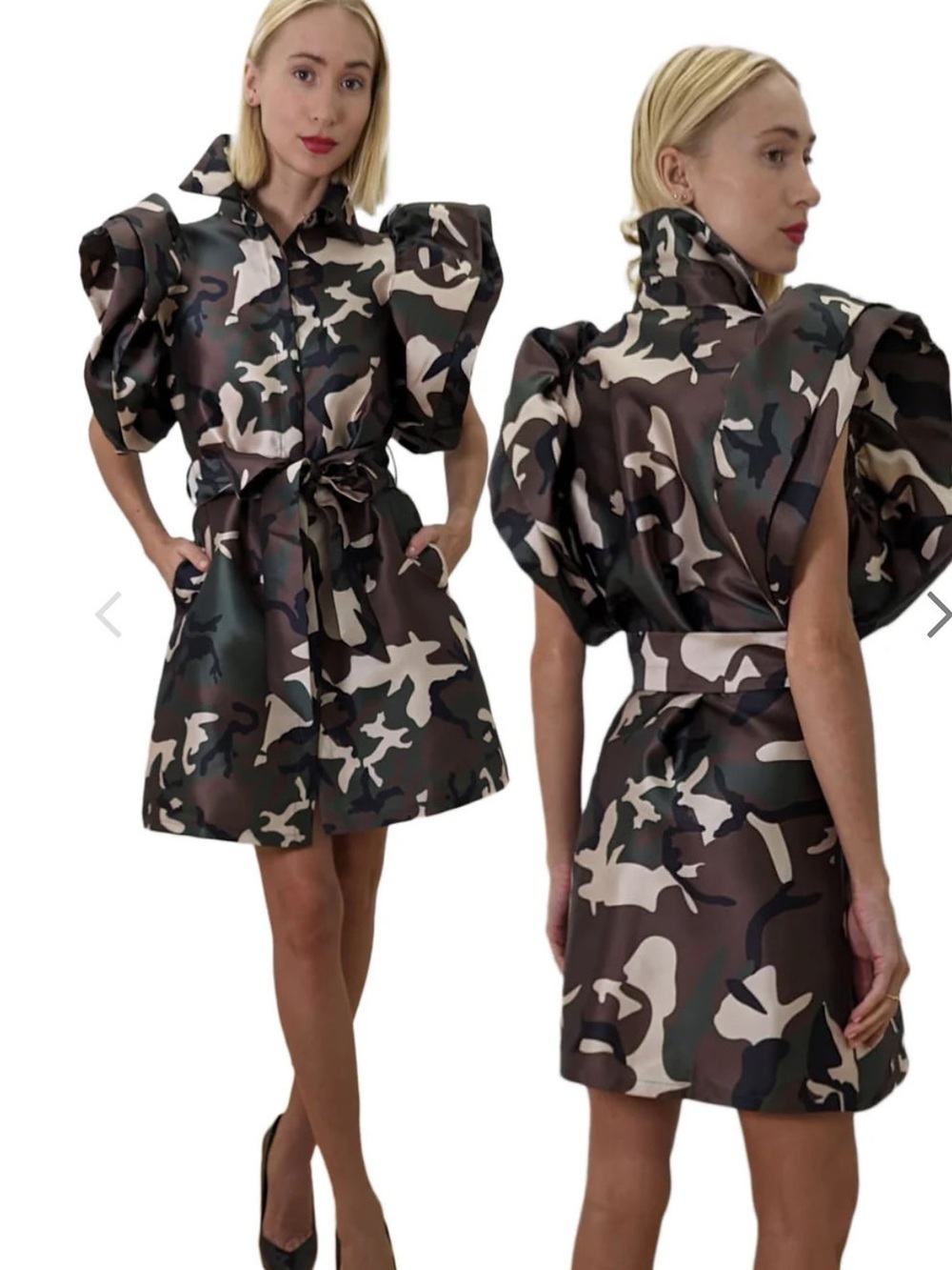 By Nancy Camouflage Puff-Sleeve Shirt Dress without Belt - Brown Camo